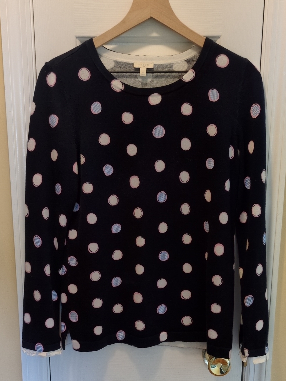 Talbots Navy Sweater with Light Pink Polka Dots